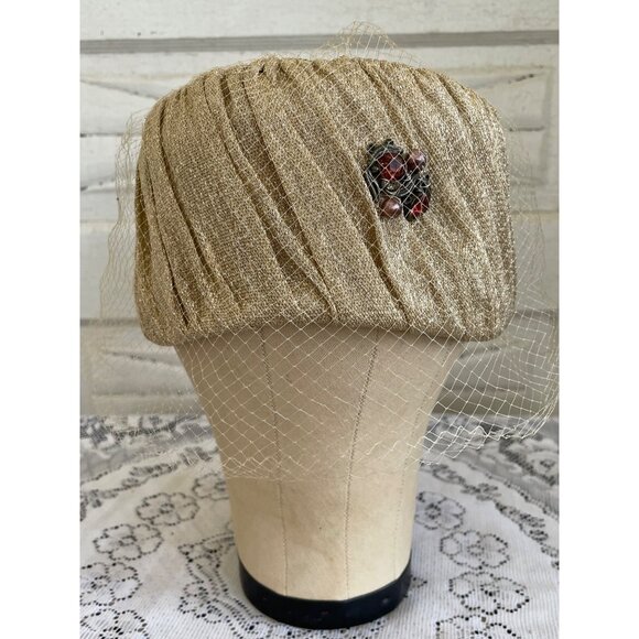 Vintage 1960s Gold Metallic Cloche Hat With Rhinestone Brooch Netting main image 16